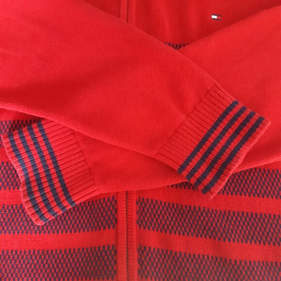 Tommy Hilfiger SZ L Red Full Zip Cotton Mock Turtleneck Cardigan w/ Navy Stripes - Picture 3 of 16
